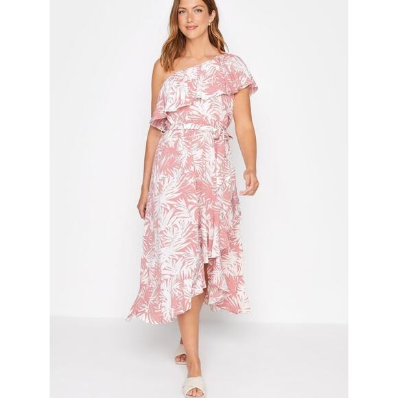Long Tall Sally LTS One Shoulder Ruffle Floral Midi Dress US 16 Pink Party NEW - Picture 1 of 14